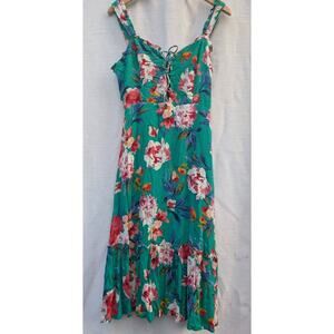 Lulus Womens Kayley Green Floral Print Midi Dress Sz M Tie Front Ruffle Feminine